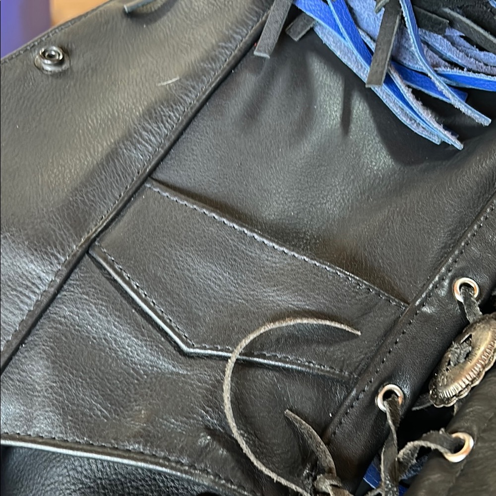 Black Leather Vest with Blue Fringe - Picture 7 of 7